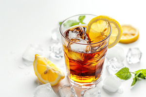 Glass of ice tea with lemon on white background, a Food & Drink Photo by AlyaAnd