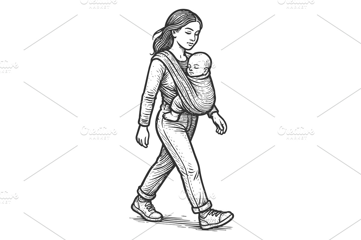 Mother walking with baby in sling, a Person Illustration by AlexArt