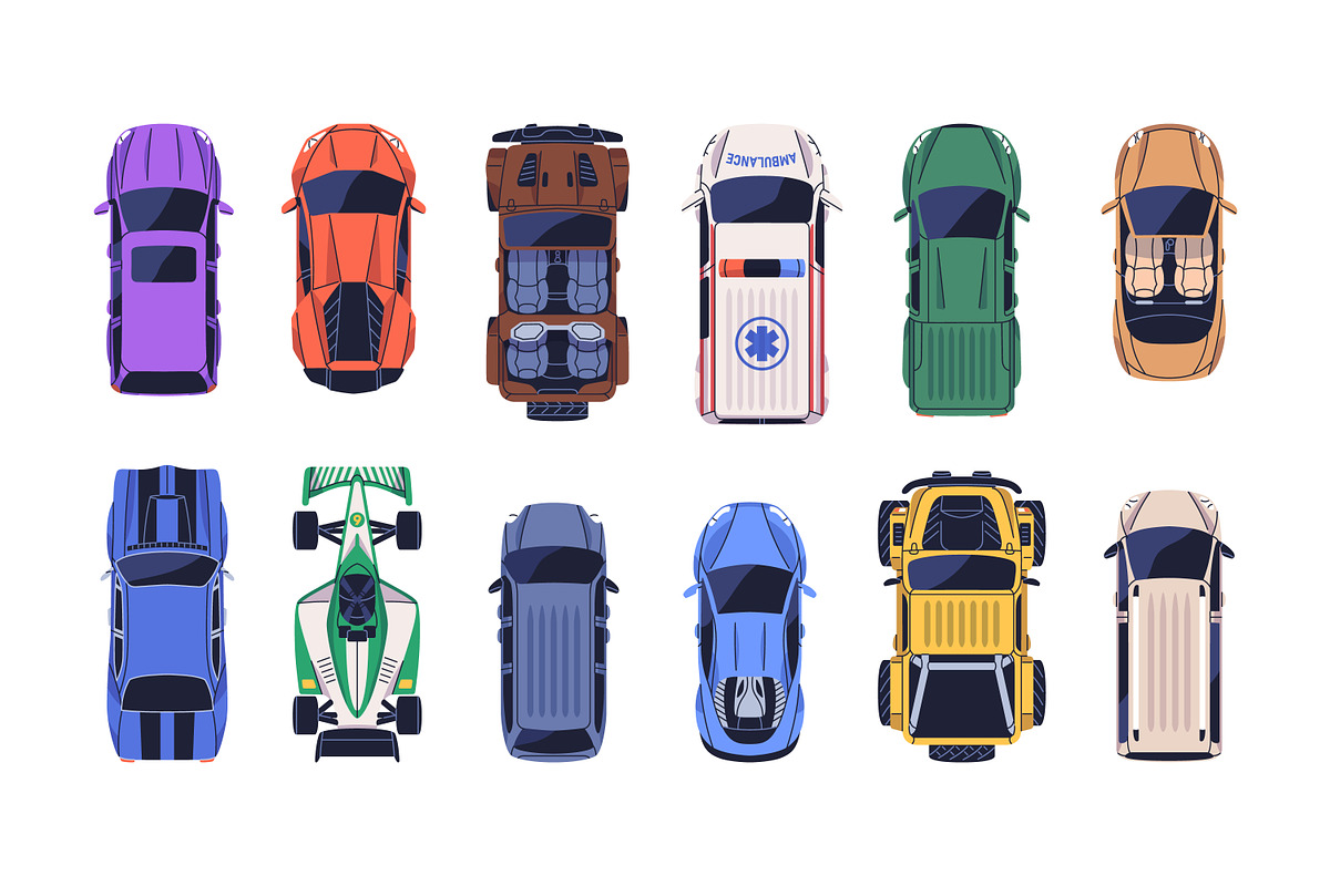 Top view of cars, auto vehicles set, a Transportation Illustration by Good Studio (Photo 3 of 3)