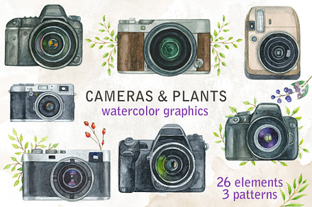 Cameras & plants. Watercolor set