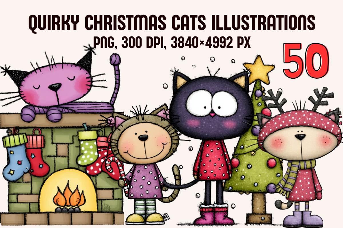 Quirky Christmas Cats illustrations, an Animal Illustration by PrintHaven Designs (Photo 1 of 10)