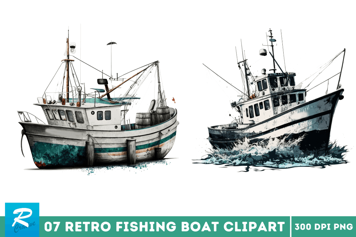 Retro Fishing Boat Clipart Bundle, an Object Graphic by Regulrcrative (Photo 3 of 7)