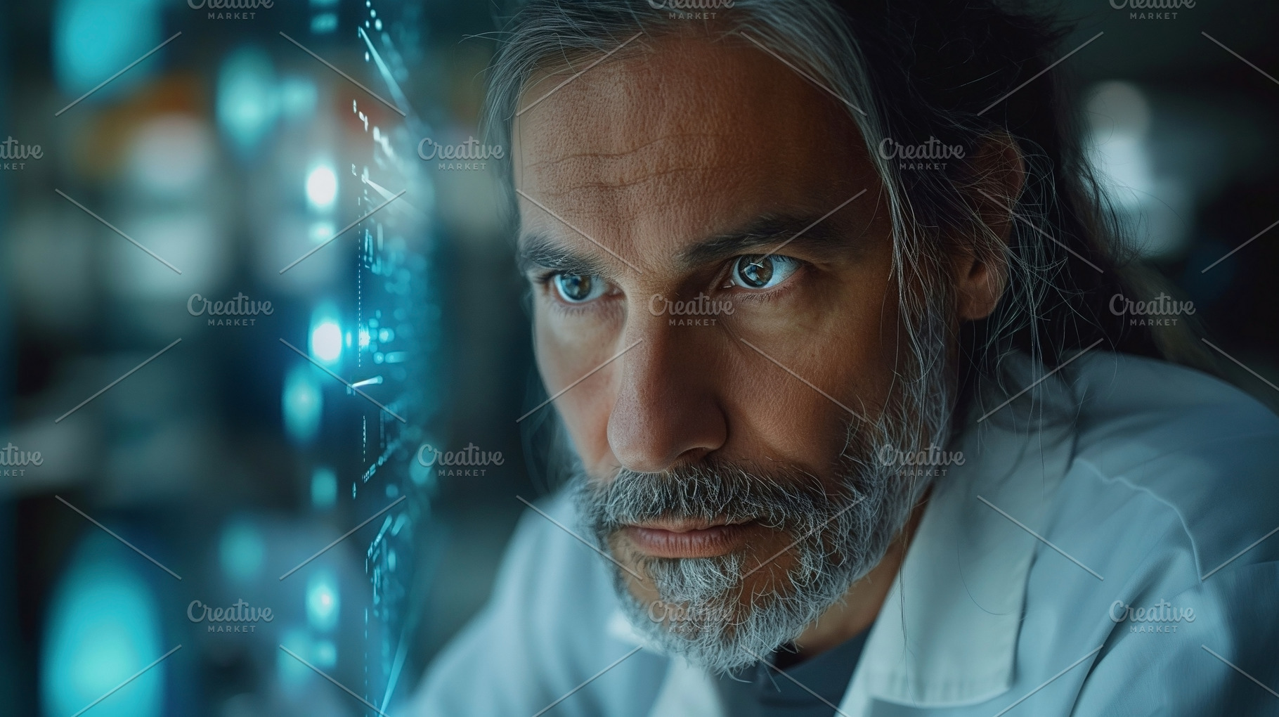 Focused male scientist with long hair and beard, analyzing data on a holographi, a Person Photo by ImageMir