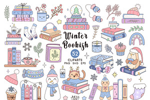 Winter Bookish Clipart, a Seasonal Illustration by JulzaArt