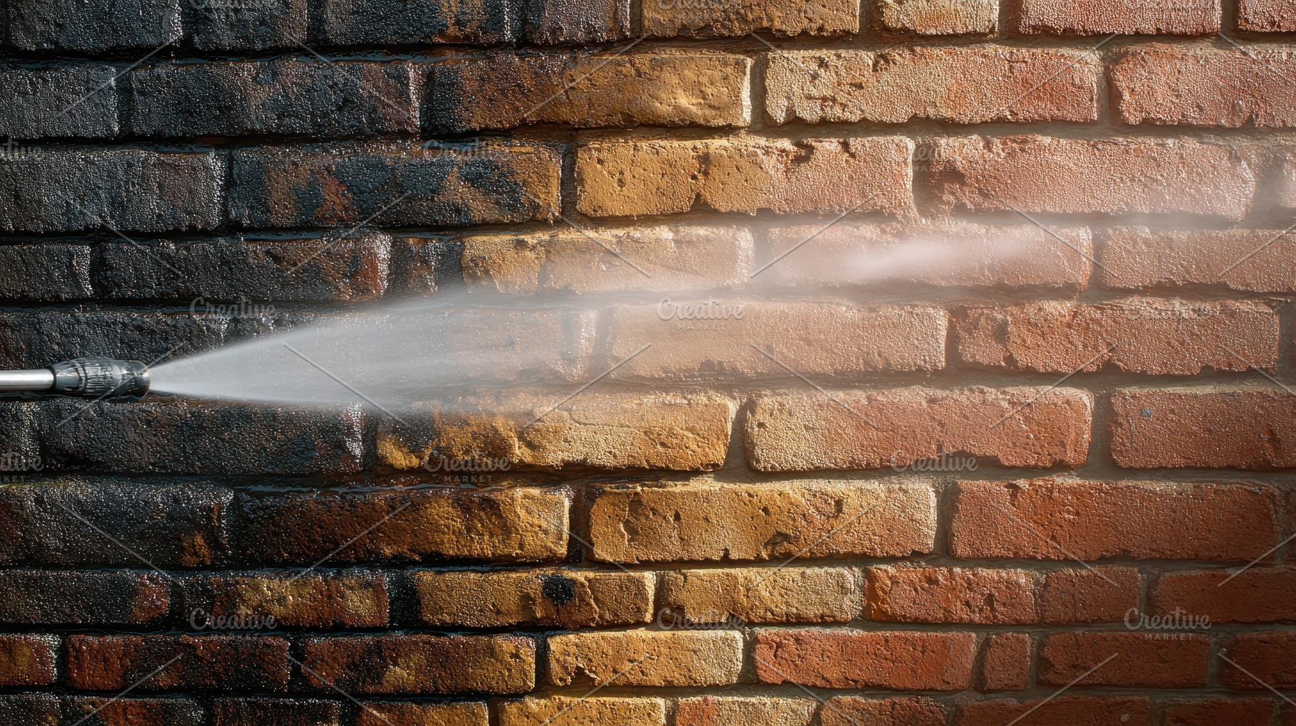 Pressure washing a brick wall, a Photo by Pavel_design