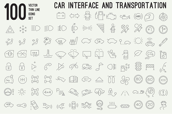 100 Thin Line Car Interface Icons