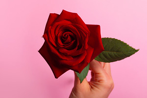 Close-up of a hand holding a single red rose with lush green lea, a Nature Photo by Ales Munt