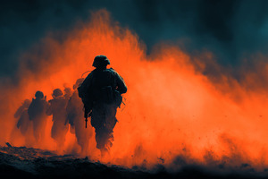 Soldiers advancing through orange smoke and dust during a dramatic battlefield, a Photo by AS photostudio