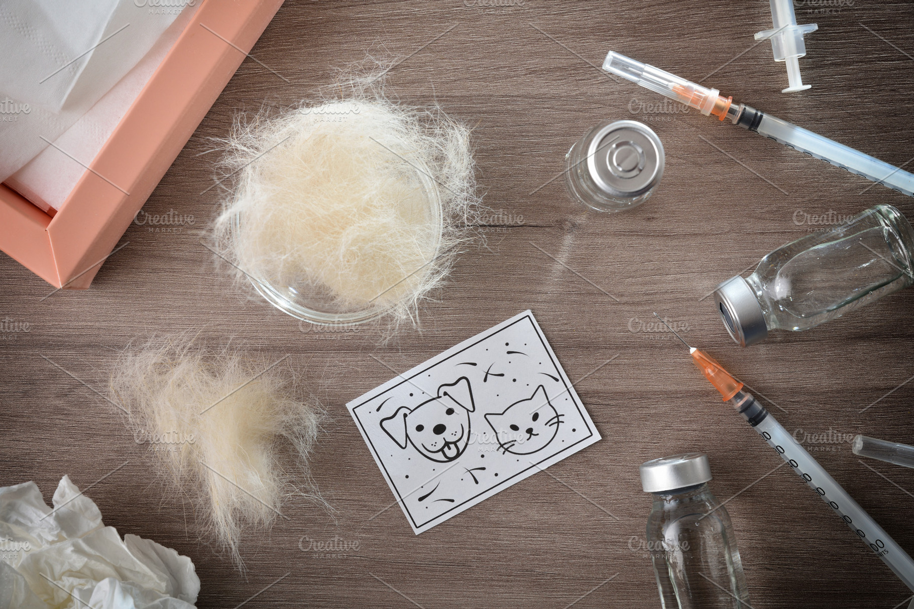 Pet allergy vaccine set on wooden table with handkerchiefs, a Health & Medical Photo by Davizro's Market