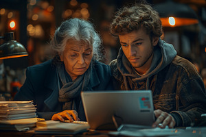 A focused young Caucasian male and an older Caucasian female collaborate on a l, a Person Photo by ImageMir