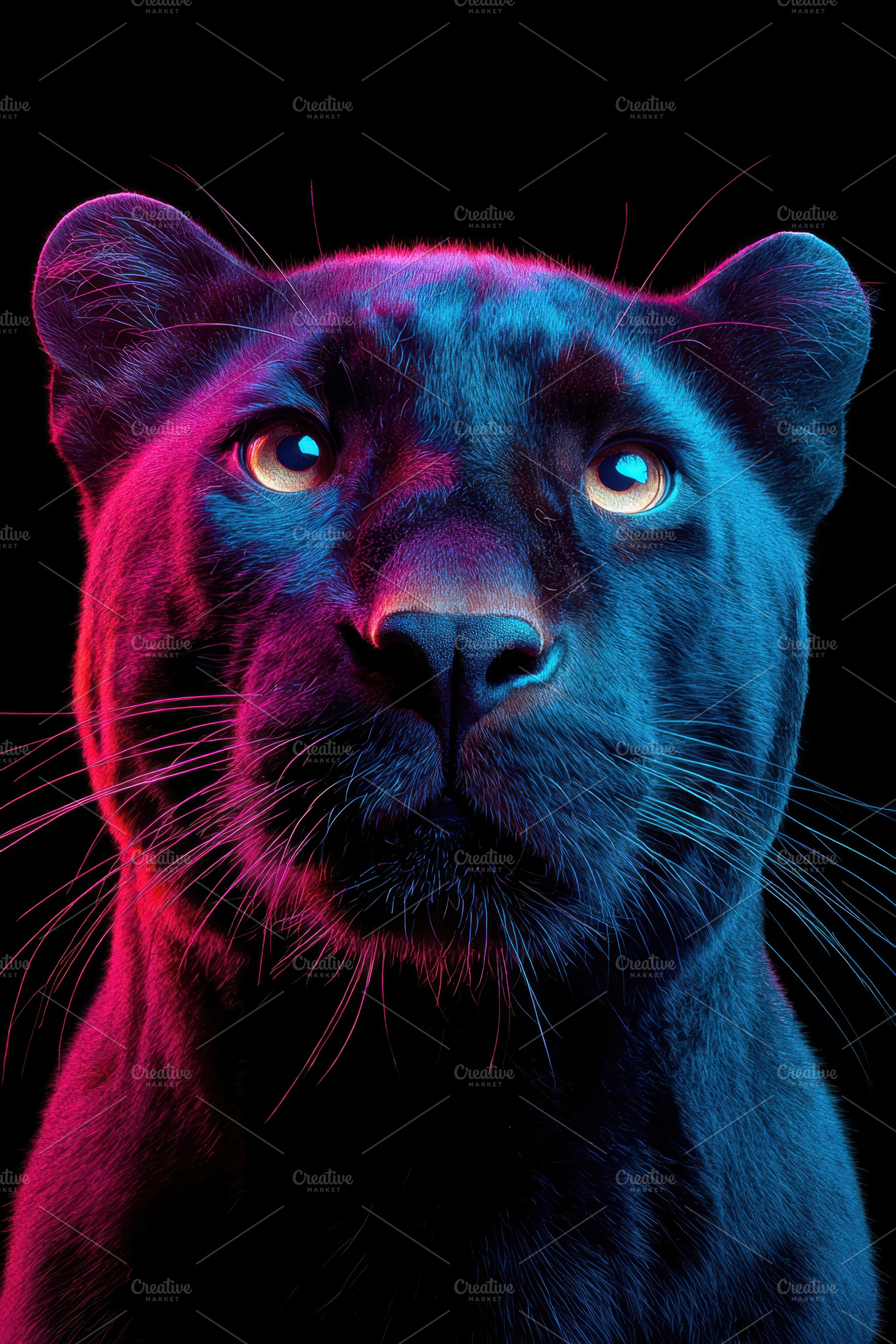 Close-up portrait of a black panther with vibrant background, an Animal Photo by AlyaAnd
