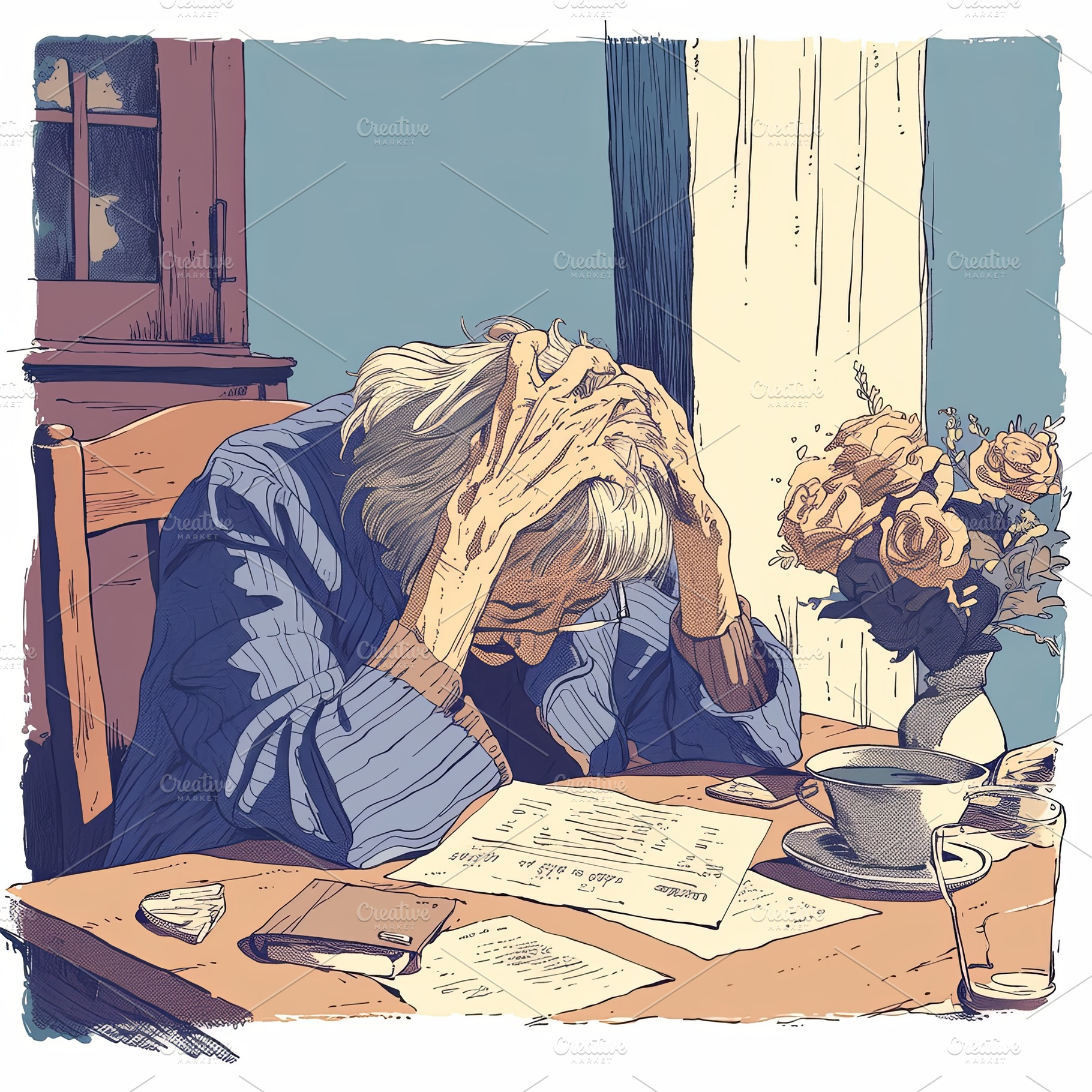 Worried elderly woman reviewing paperwork at a table with floral vase and cup, a Photo by AS photostudio