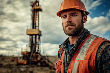 A well testing operator rugged male worker in an orange hard hat and reflective, a Person Photo by Textures & Backgrounds