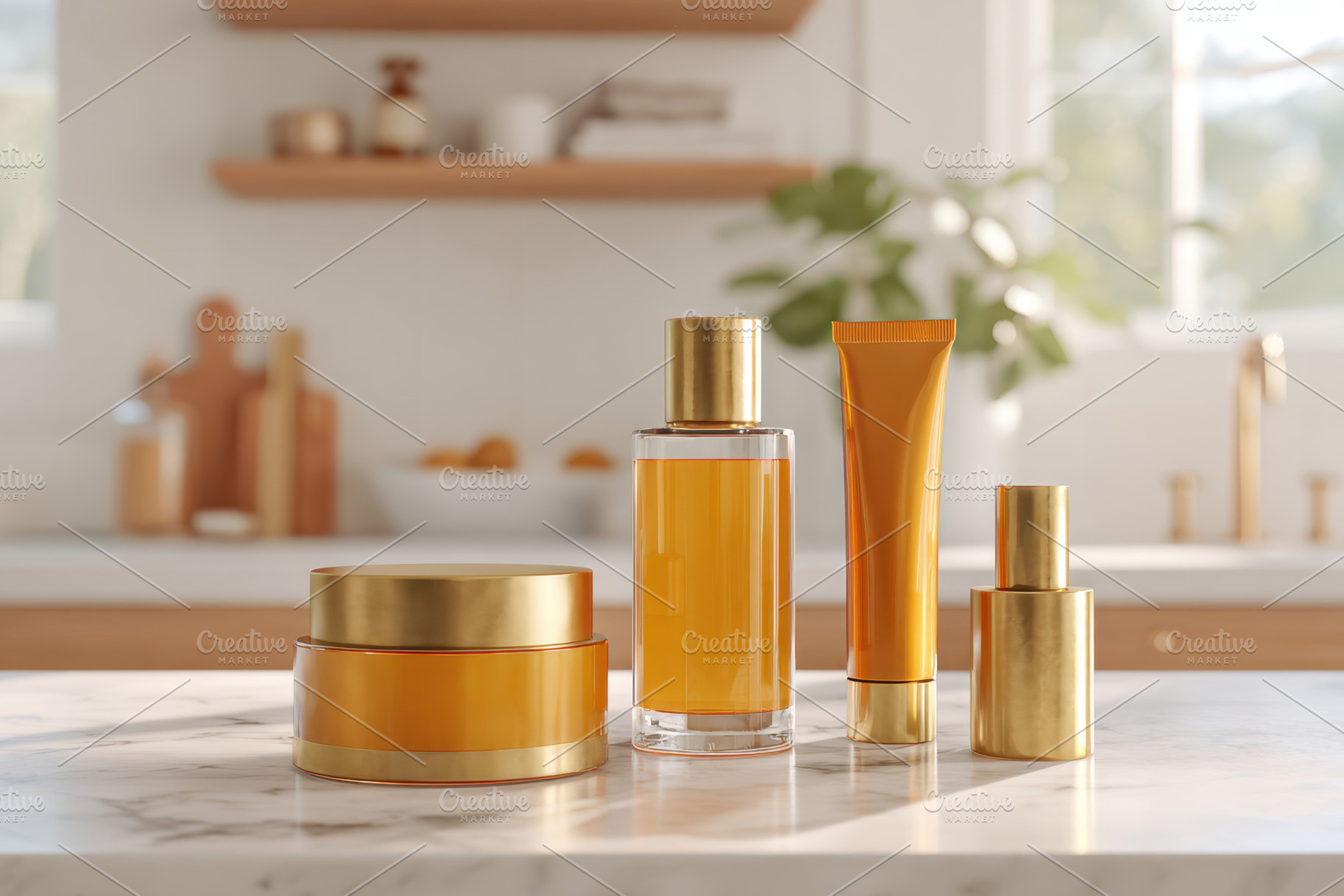 Elegant skincare collection on marble countertop, a Health & Medical Photo by AlyaAnd