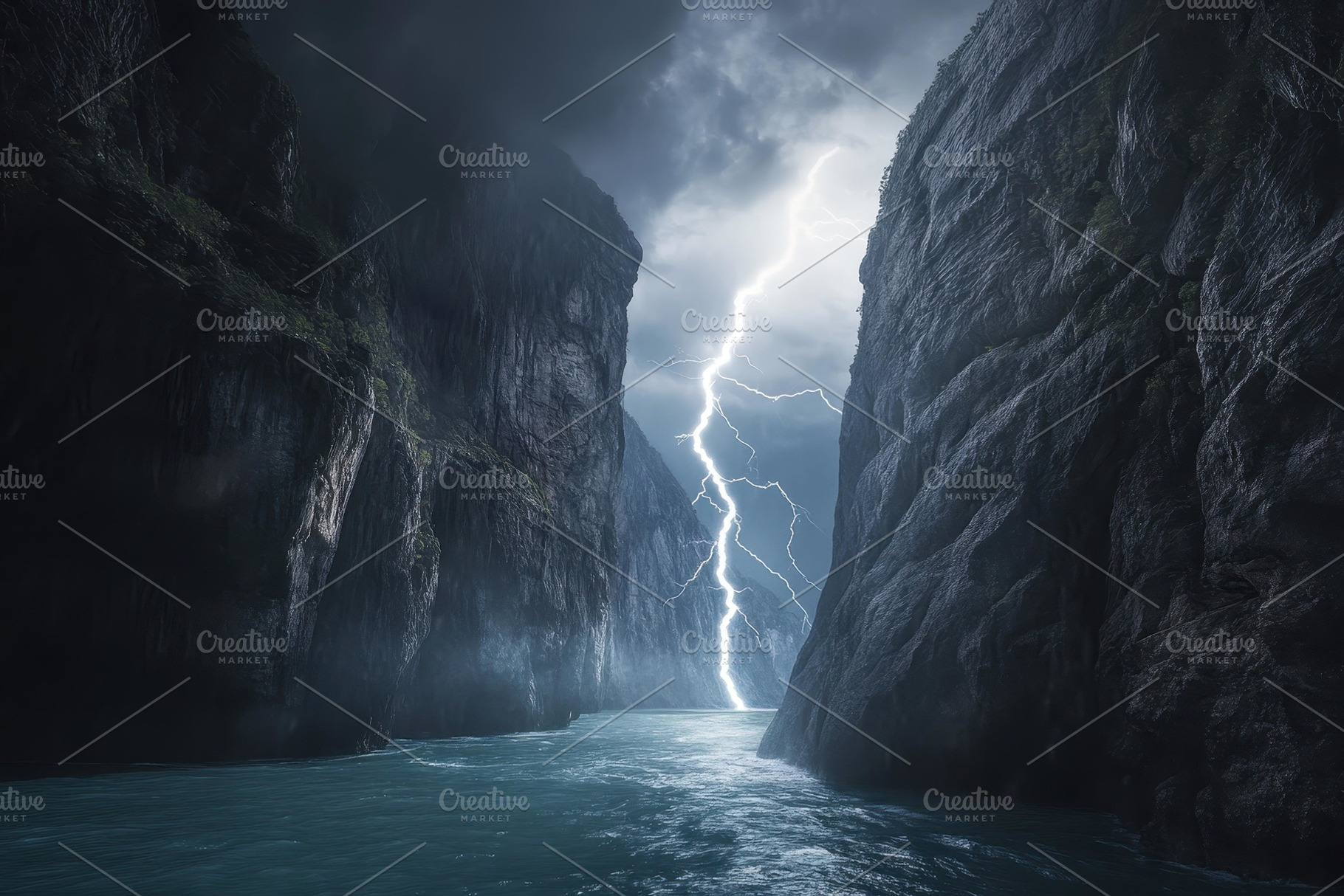 Dramatic lightning strikes between t, a Photo by Tanuart