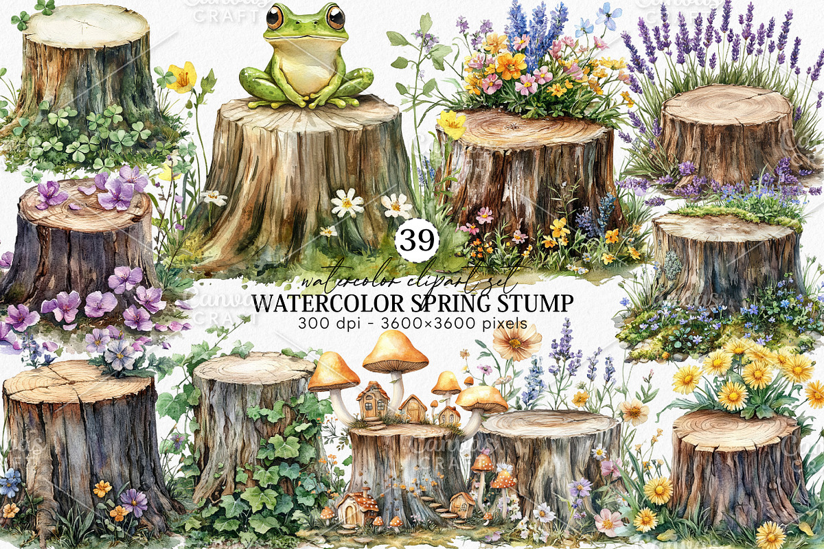 Watercolor Spring Stump Clipart PNG, an Illustration by Canvas Craft (Photo 1 of 7)