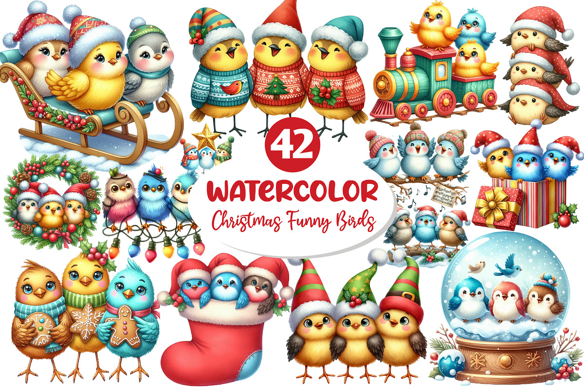 Christmas Funny Three Birds Clipart, an Illustration by Dream Creation (Photo 1 of 5)