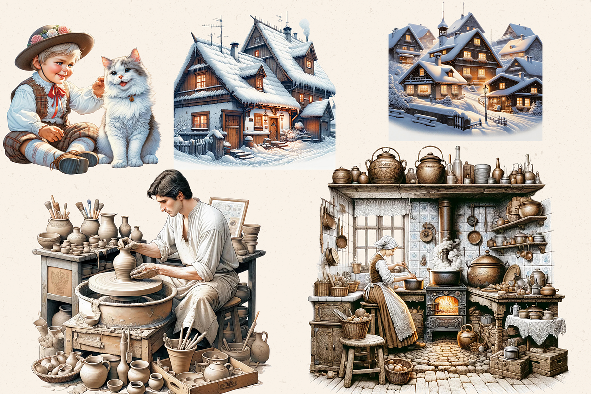 CZECH VINTAGE WINTER VILLAGE CLIPART, a Person Illustration by Daring Digies (Photo 2 of 8)