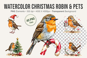 Watercolor Christmas Robin & Pets, an Illustration by Artnoy