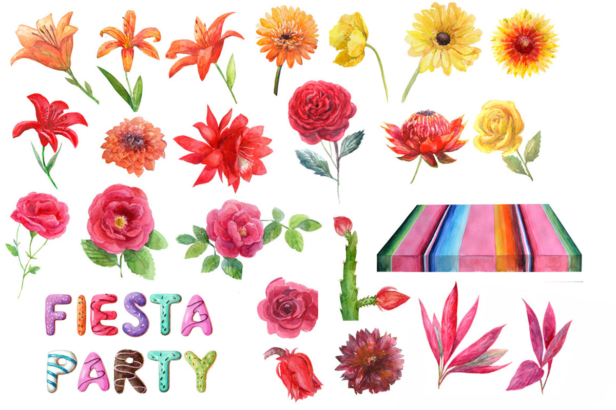 Mexican watercolor flowers.Fiesta., a Texture Illustration by yulia.sukhanova (Photo 6 of 6)