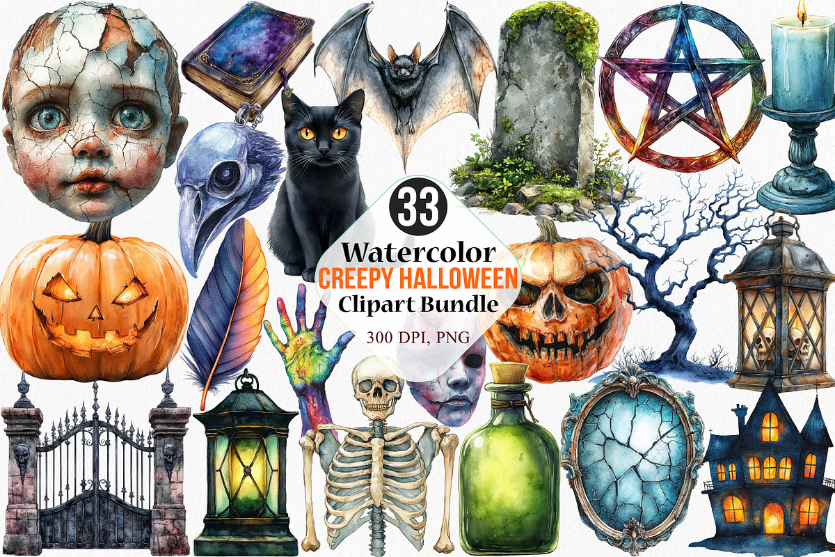 Watercolor Creepy Halloween Clipart, an Illustration by Canvas Craft (Photo 1 of 7)