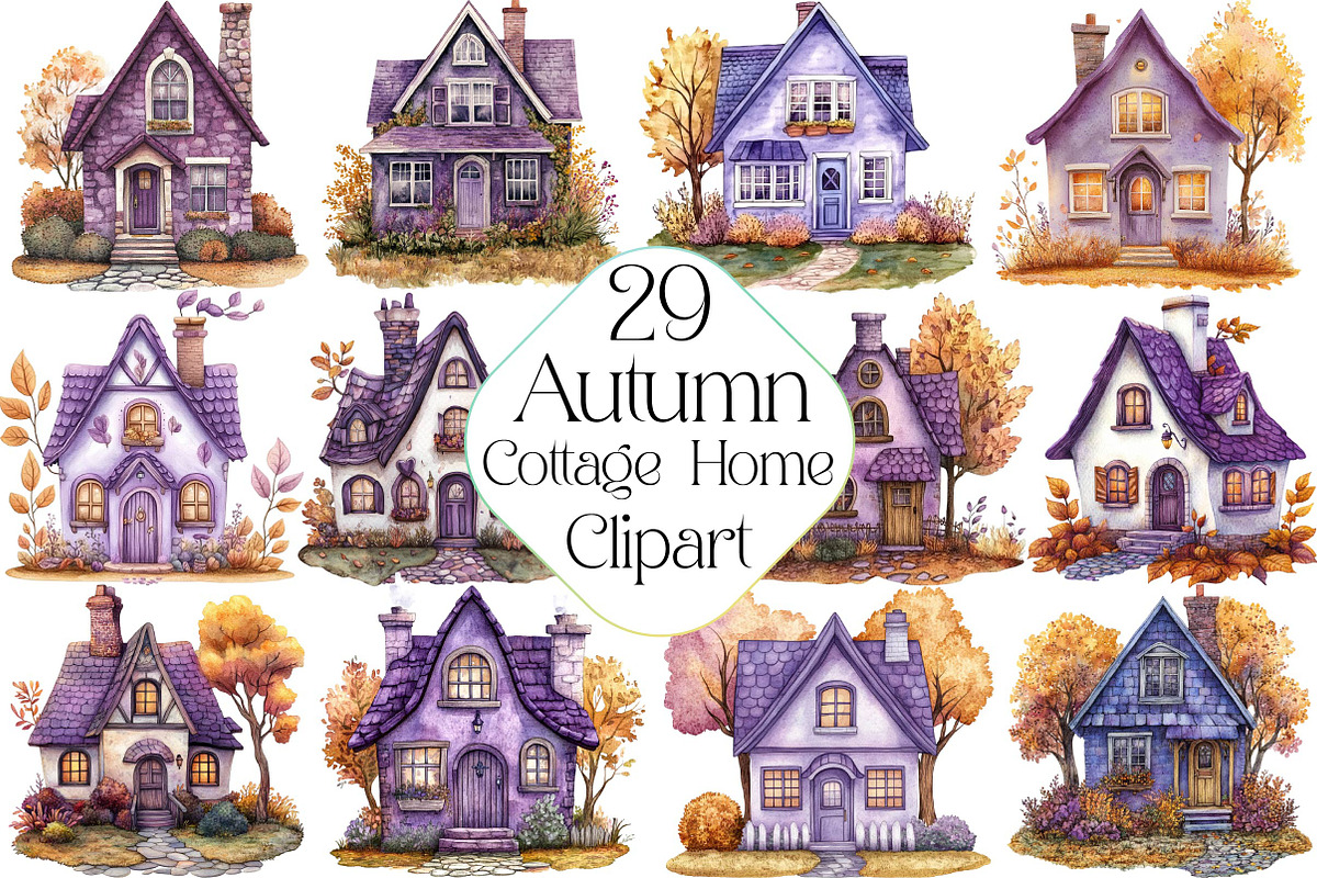 Purple Autumn Cottage Home Clipart, an Illustration by DreamPrint404 (Photo 1 of 6)