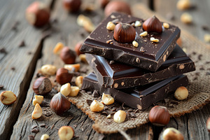 Sweet chocolate pieces with hazelnuts on wooden background, a Food & Drink Photo by AlyaAnd