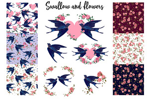 Swallow and flowers collection