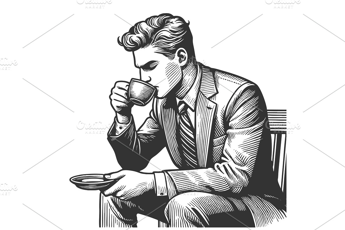 man drinking hot coffee engraving, a Person Illustration by AlexArt