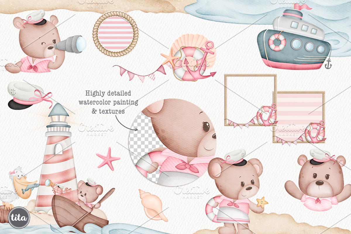 Sailor Bear - Cute clipart set, an Animal Illustration by Tita Creative Studio (Photo 2 of 6)