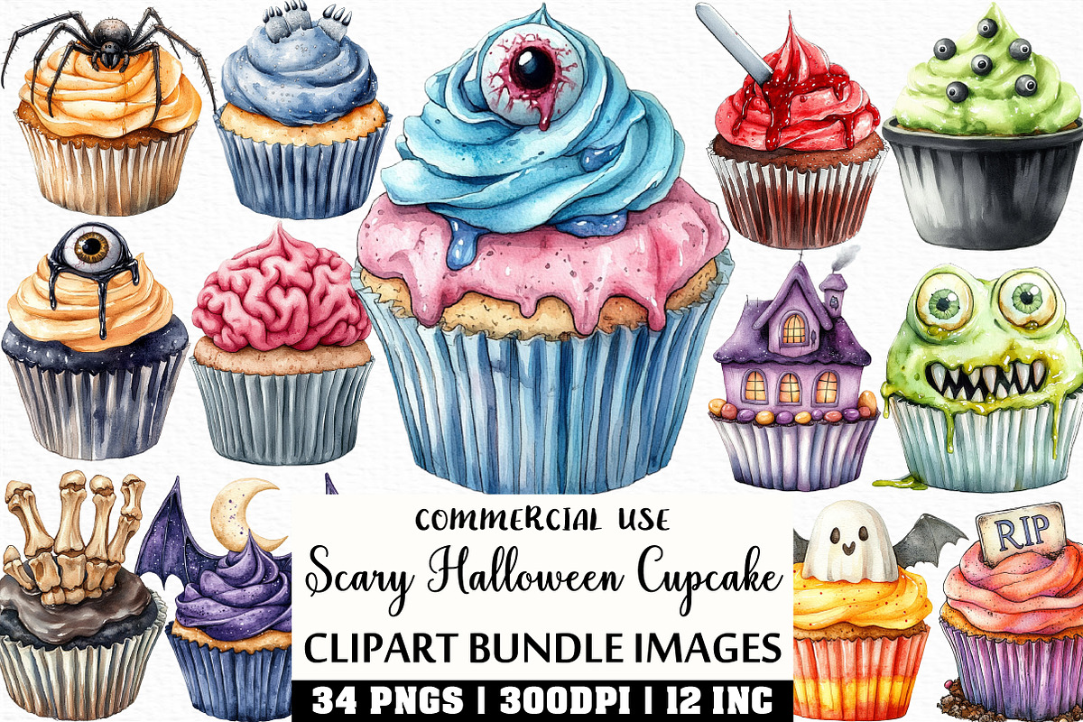 Watercolor Scary Halloween Cupcake, an Illustration by Craft Nest (Photo 1 of 6)