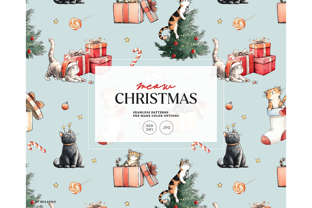 Cat Christmas digital paper, a Pattern Graphic by Milatoo (Photo 1 of 4)