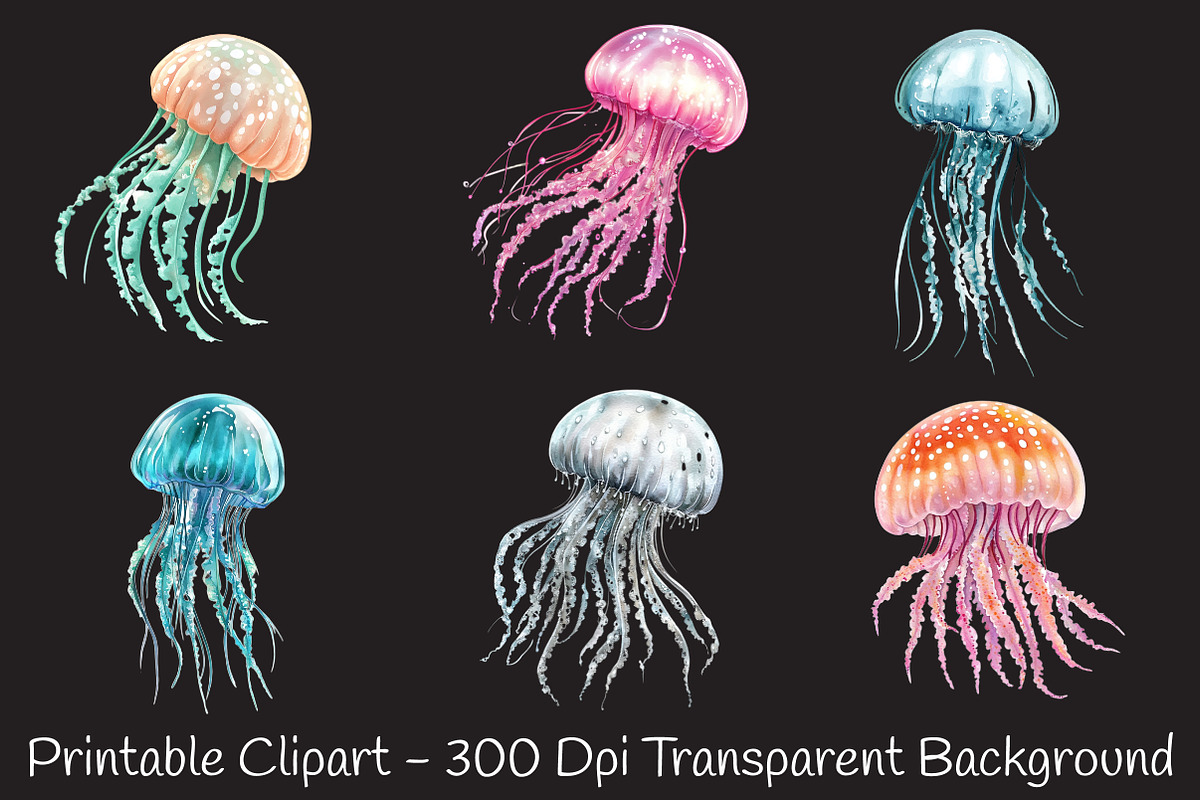 jellyfish, watercolor, cliparts, sea, an Illustration by RobertsArt (Photo 2 of 7)