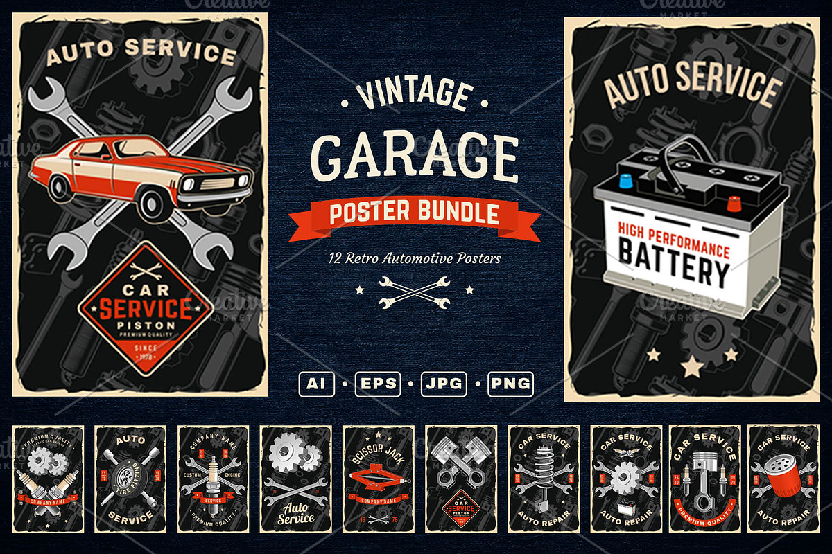12 Vintage Garage Posters, an Object Illustration by sivVector (Photo 1 of 3)