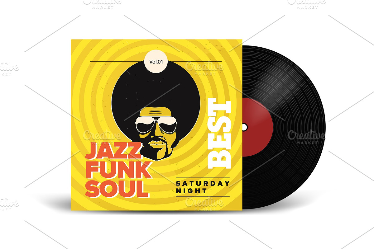 Realistic Vinyl Record with Cover Mockup. Disco party. Retro design. Front view., a Texture Graphic by Di Bronzino