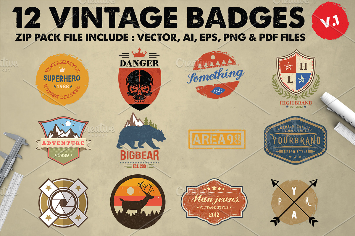 12 Vintage Badge Logos Version 1, a Branding & Logo Template by Graphicgo (Photo 1 of 8)