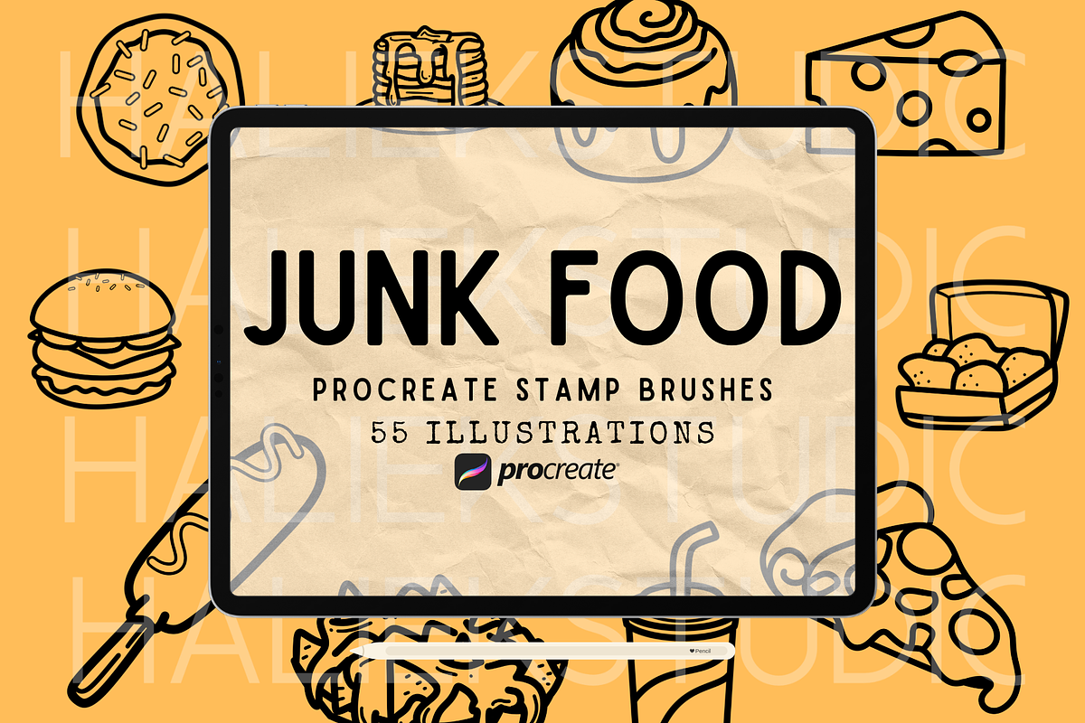 55 Junk Food Procreate Stamp Brushes, a Brushes & More by HalieKStudio (Photo 1 of 9)