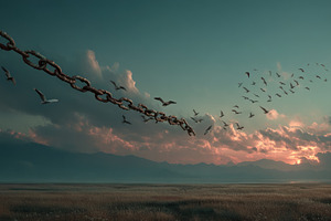 Birds flying away from a broken chain above an open field during, a Person Photo by José Manuel Gelpi