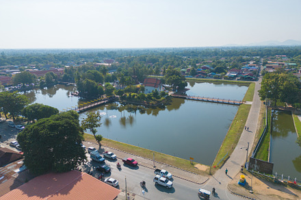 Aerial view of local residential neighborhood roofs. Urban housi