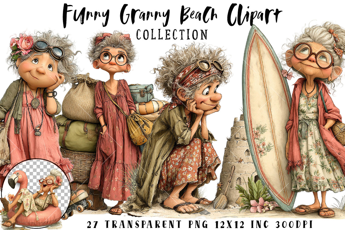Funny Granny Beach Clipart PNG, an Illustration by OK Design (Photo 1 of 6)