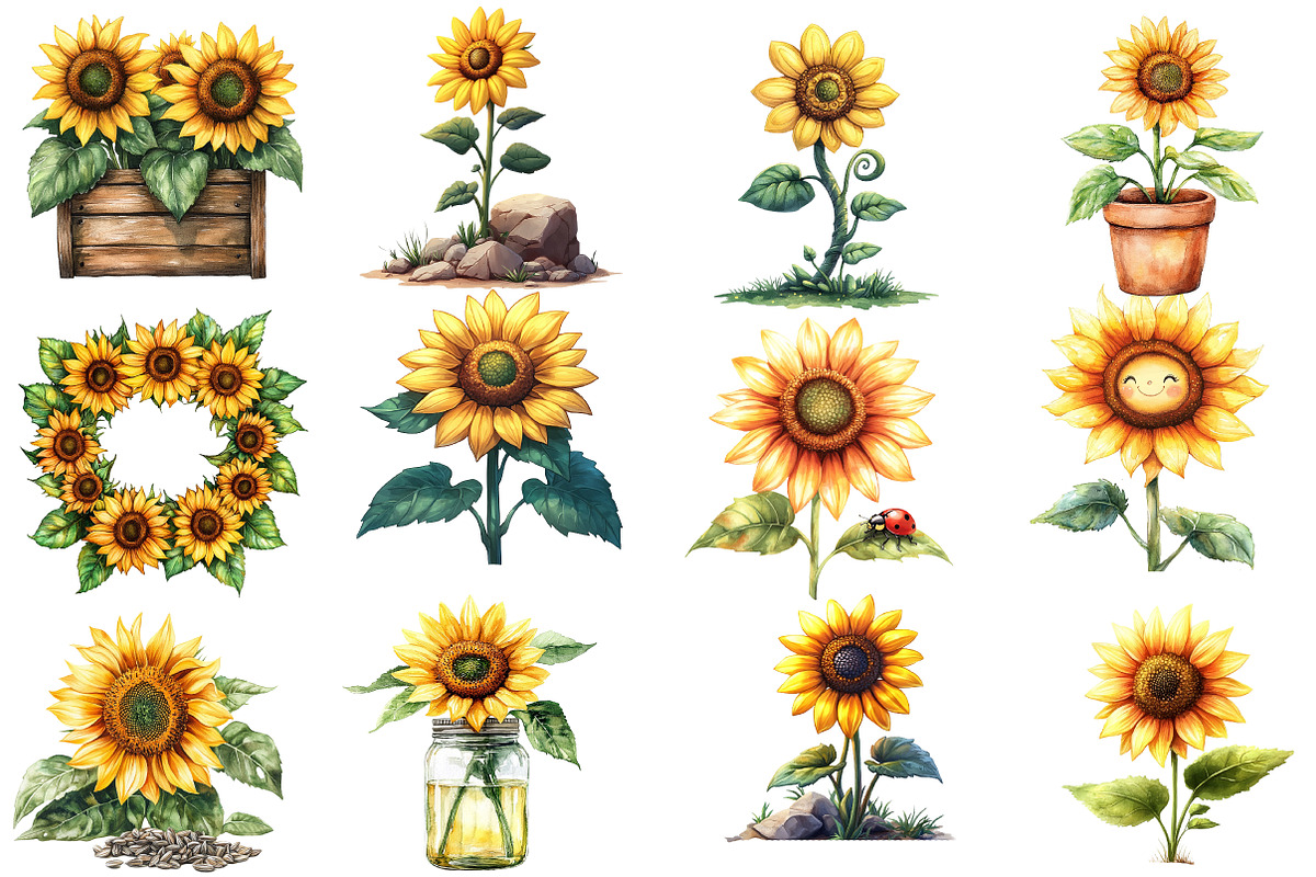 Watercolor Summer Sunflower Clipart, an Illustration by Designworld (Photo 3 of 5)
