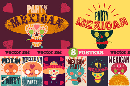 Mexican Party vector poster set.