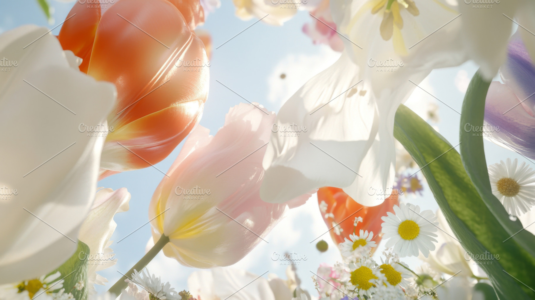 Tulip and daffodil flowers in sunny field with blue sky backgrou, a Photo by Dvoevnore photos
