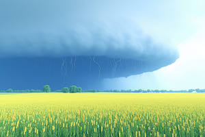 A dramatic storm cloud looms over a vibrant yellow field, with flashes of light, an Object Illustration by Textures & Backgrounds