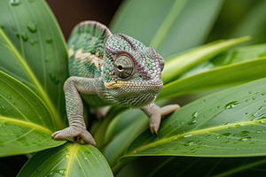 Colorful Chameleon on a Green Leaf, an Animal Photo by Virgo Studio