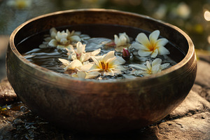Bowl of flowers floating in water, a Photo by Beautiful things