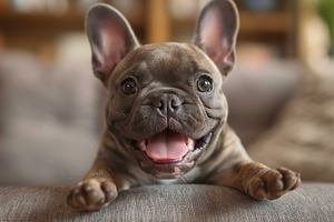 An adorable brown French Bulldog puppy with a big smile relaxing on a cozy couc, an Animal Photo by ImageMir