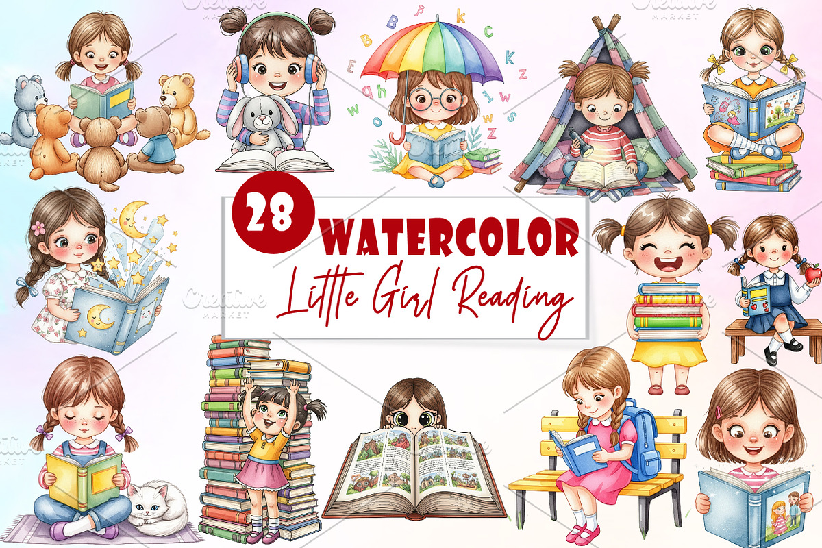 Cute Little Girl Reading Clipart, an Illustration by Watercolor design (Photo 1 of 6)