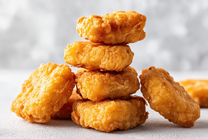 Stack of crispy chicken nuggets, a Food & Drink Photo by AlyaAnd