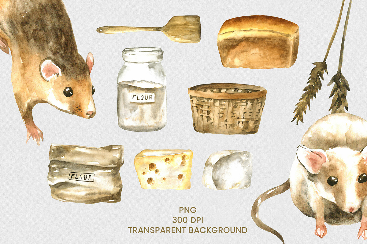 Kitchen Mouse Watercolor Clipart Set, an Animal Illustration by foxsong (Photo 6 of 13)